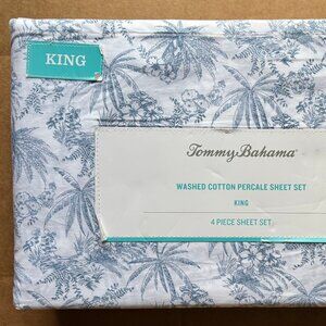 Tommy Bahama KING Size Sheet Set Tropical Beach PEN & INK PALM Blue & White